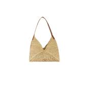 Sac trapèze tendance crocheté en raphia et anses en cuir - PICOLOA  Ecru