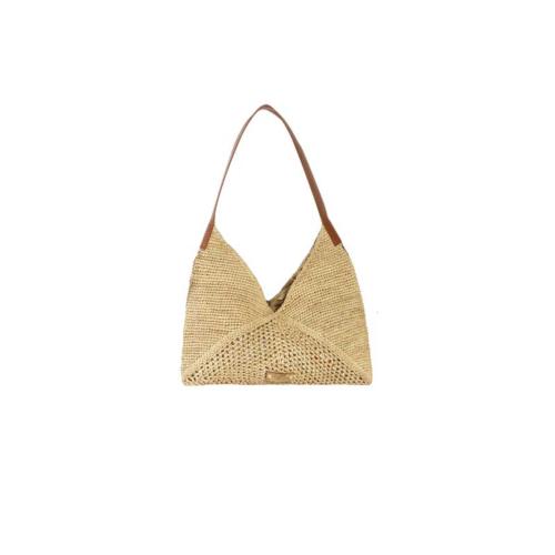 Sac trapèze tendance crocheté en raphia et anses en cuir - PICOLOA  Ecru